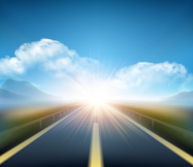 Blurred  road and blue motion blurred sky with clouds. Vector illustration