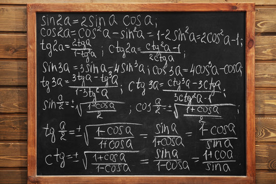 School blackboard with formulas on a brick wall