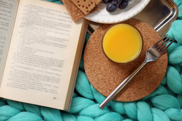 Open book, plaid and juice on sofa