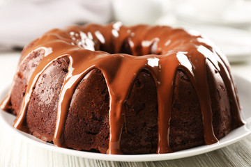 Round cake on plate closeup