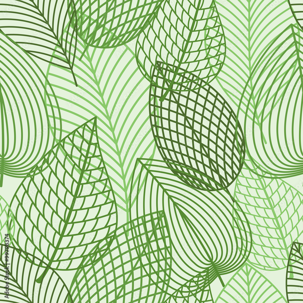 Poster Seamless pattern of spring outline reen leaves