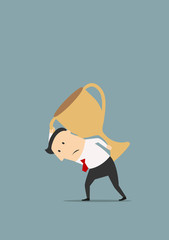 Businessman carrying big golden trophy cup