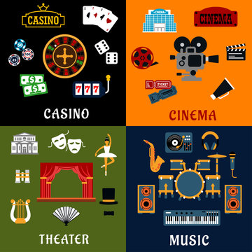 Casino, music, cinema and theater icons