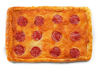 Rectangle salami pizza, isolated on white