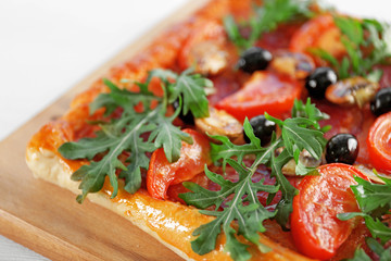 Part of delicious pizza, close-up