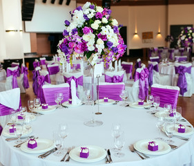 Table set for wedding or another catered event dinner.