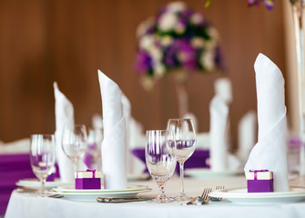 Table set for wedding or another catered event dinner.