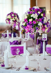 Table set for wedding or another catered event dinner.