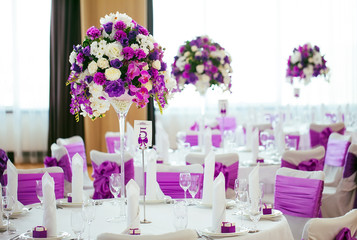 Table set for wedding or another catered event dinner.