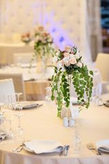 Table set for wedding or another catered event dinner.