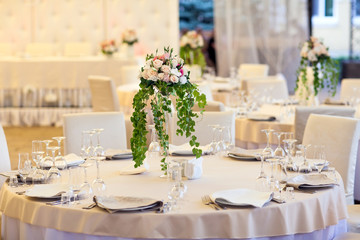 Table set for wedding or another catered event dinner.