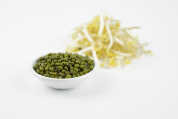 Mungbean Sprouts on white background. Selective focus