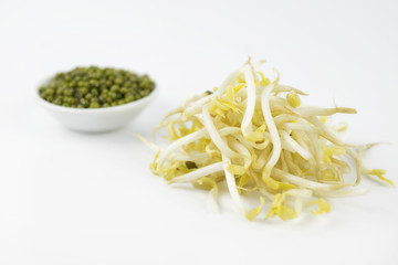 Mungbean Sprouts on white background. Selective focus