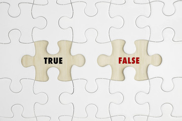 Fototapeta premium Jigsaw puzzle on wood background with a word TRUE and FALSE