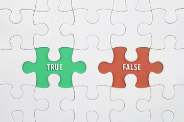 Jigsaw puzzle on color paper background with a word TRUE and FALSE
