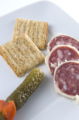 Salami with Pickles and Crackers on a White Plate