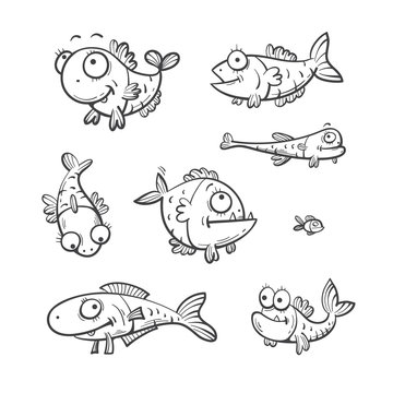 Cute cartoon fishes set  of the different sizes. Doodle style. 