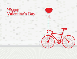 Valentines day with bicycle and ballon heart shaped on bricks wa