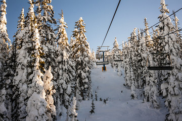 sitting on a ski resort chairlift in winter