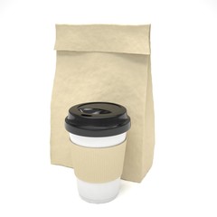 Coffee to go and lunch bag, on white.