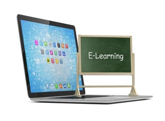  Laptop with chalkboard, e-learning, online education concept