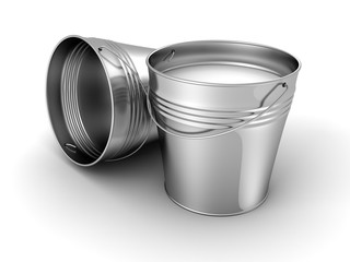 metal bucket with milk on white background