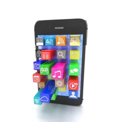  application software icons extruding from smartphone, isolated on white