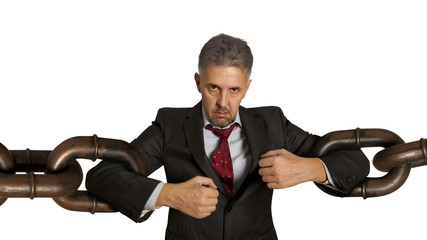 Businessman with huge chain isolated