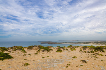 High view beach cloudy coast line landscape