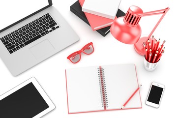 laptop and office stuff, workplace, top view