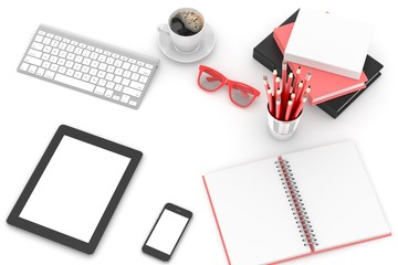 office stuff on table, workplace, top view