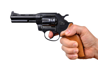 Hand holding gun isolated on white background