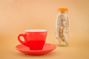 Beautiful red coffee cup on romantic  table