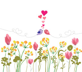 Floral background with hand drawn flowers, bird and space for spring