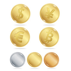 Gold Coins Dollar Euro Bitcoin Yuan Set. Vector