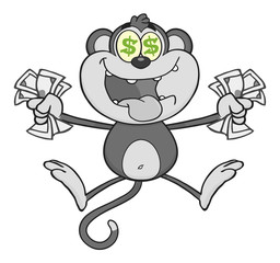 Greedy Monkey Character Jumping With Cash Money and Dollar Eyes In Gray Color
