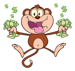 Funny Monkey Cartoon Character Jumping With Cash Money
