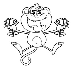 Black And White Greedy Monkey Character Jumping With Cash Money and Dollar Eyes
