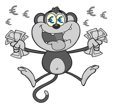 Rich MonkeyCharacter Jumping With Cash Money and Euro Eyes Gray Color