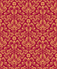 Damask seamless pattern repeating background. Golden crimson floral ornament in baroque style.
