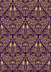 Damask seamless pattern repeating background. Golden purple floral ornament in baroque style.