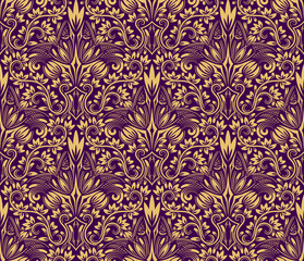 Damask seamless pattern repeating background. Yellow purple floral ornament in baroque style.