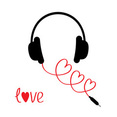 Headphones and red cord in shape of three hearts diagonal. Word love. White background. Isolated. Flat design.