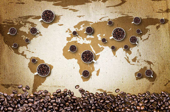 coffee beans on map old fabric texture background 