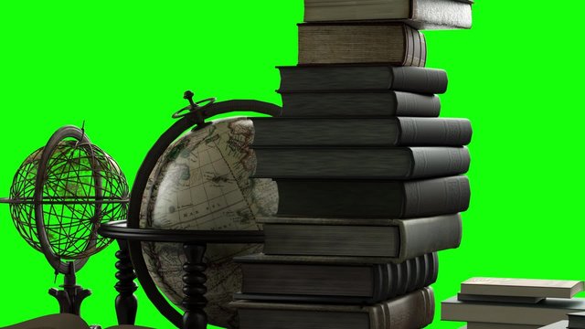 old books and a vintage globe on a green background  render 3D
