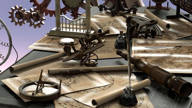 Vintage compass,  telescope and a pocket watch lying on ancient world map, ancient navigational devices and objects connected with the geography render 3D