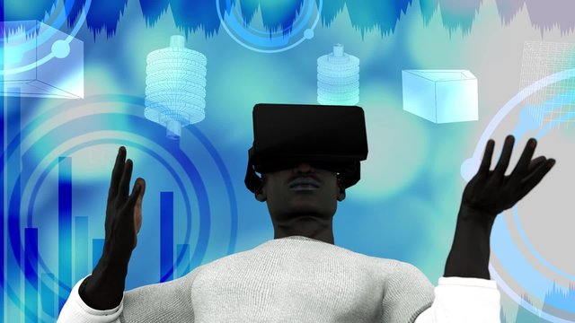 black man wearing glasses virtual reality interacts with the virtual world on the background of the running graphs and charts animation 3D render