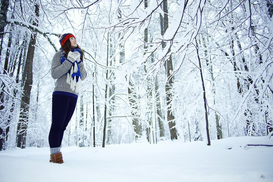 Adult girl in a sweater in the winter snowy forest