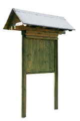 Wooden billboard with roof covered in snow isolated on white background