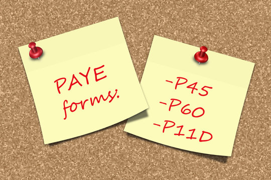 PAYE forms information sticky notes pinned to pin board